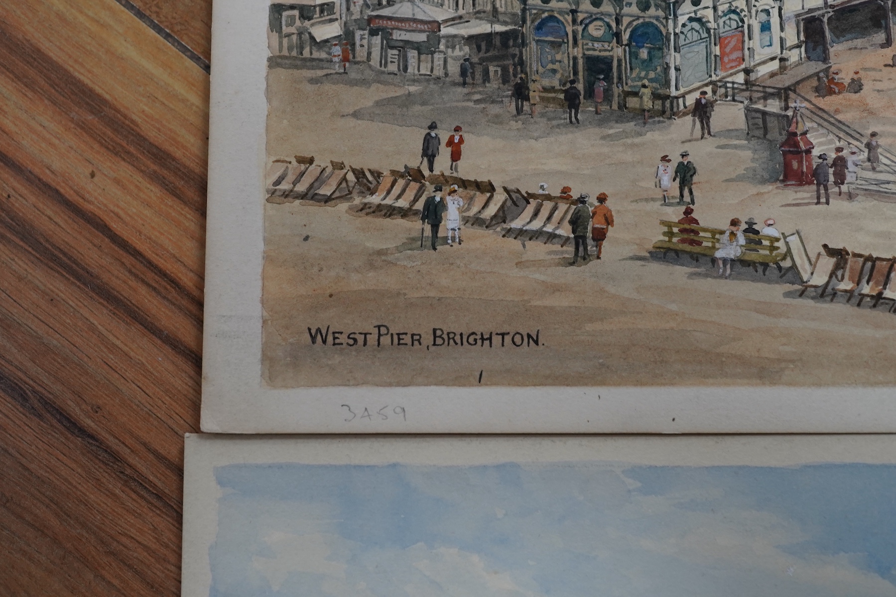 Alfred Robert Quinton (1853-1934), pair of original watercolours for postcard designs, Brighton views comprising: West Pier and The Pavilion, each monogrammed, 20 x 30cm, unframed. Condition - fair to good